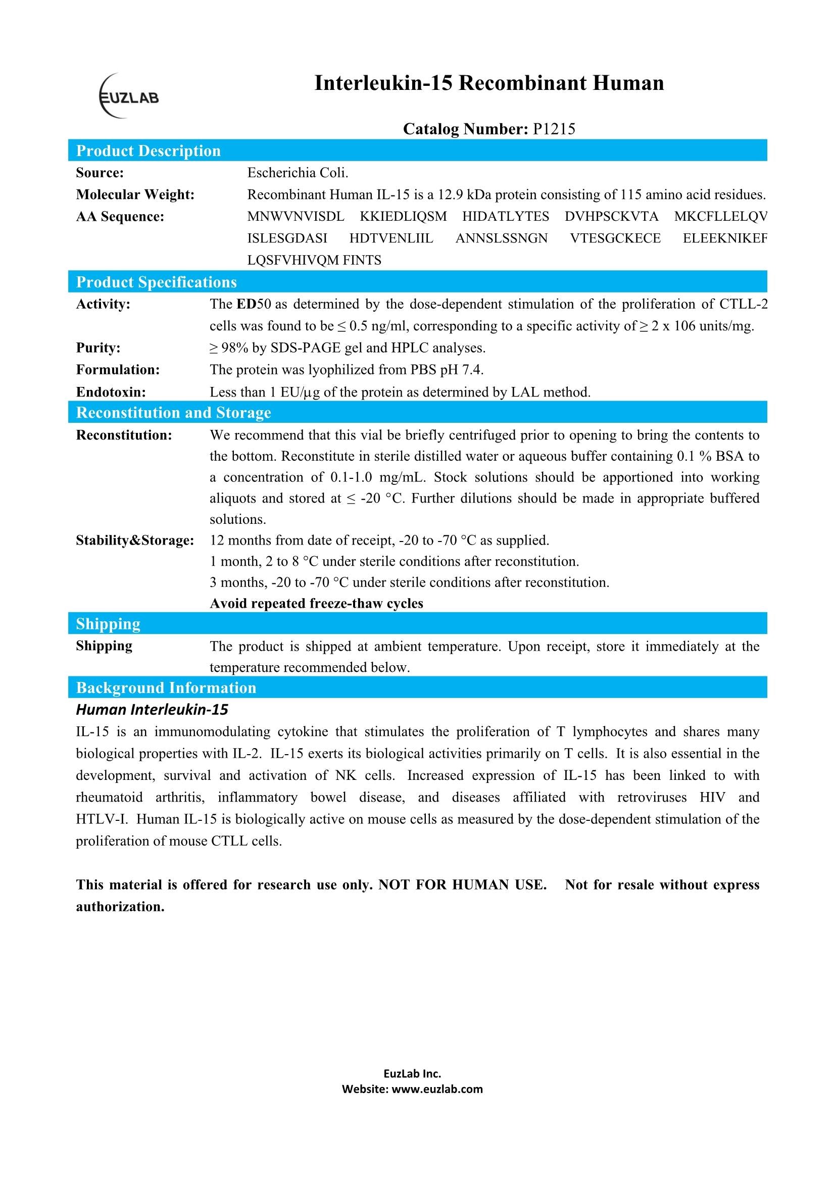 P1215 Recombinant Human IL-15
