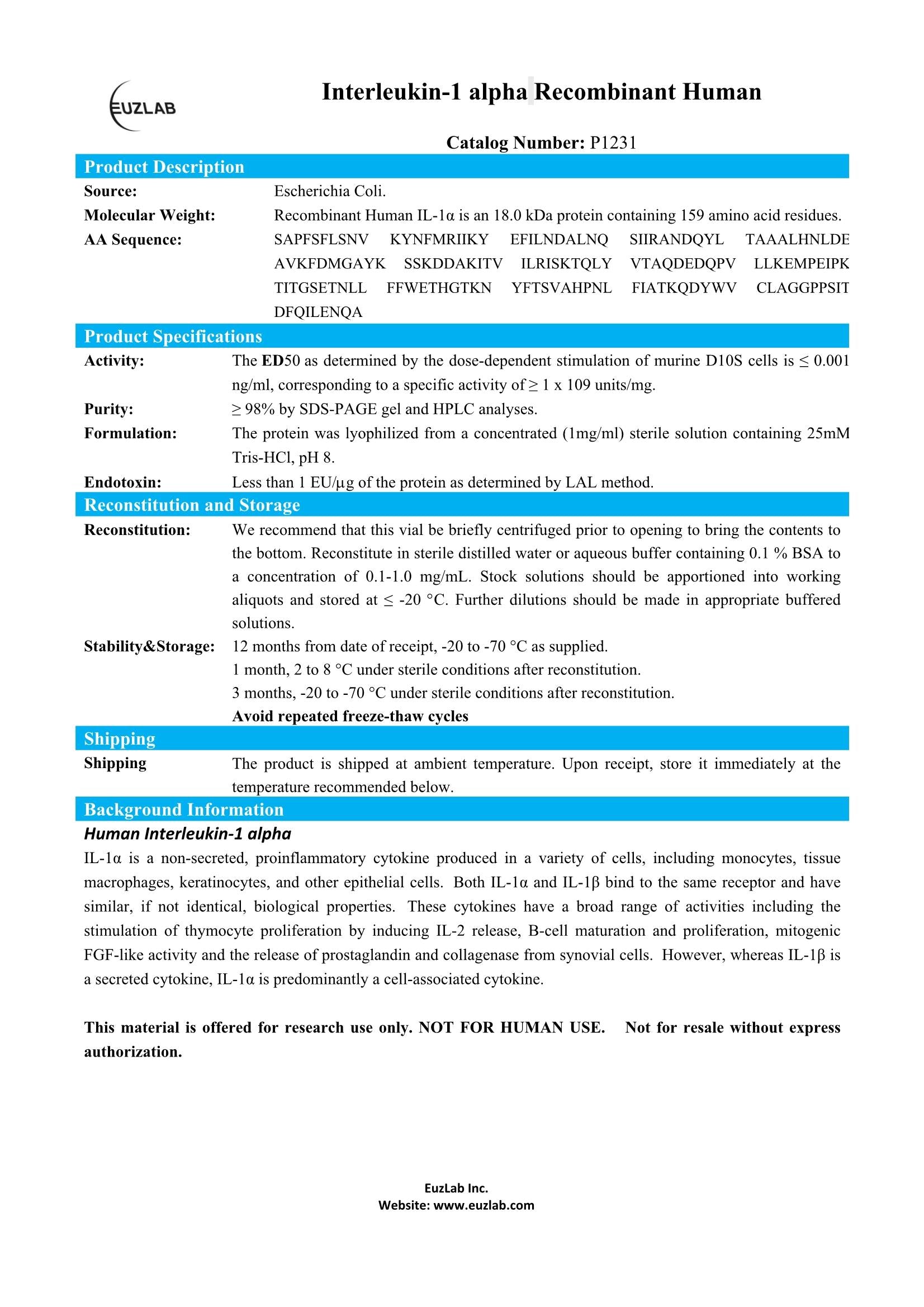 P1231 Recombinant Human IL-1α