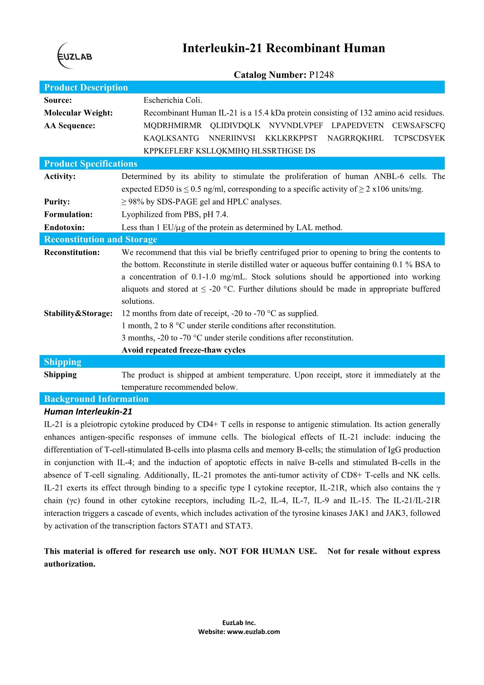 P1248 Recombinant Human IL-21