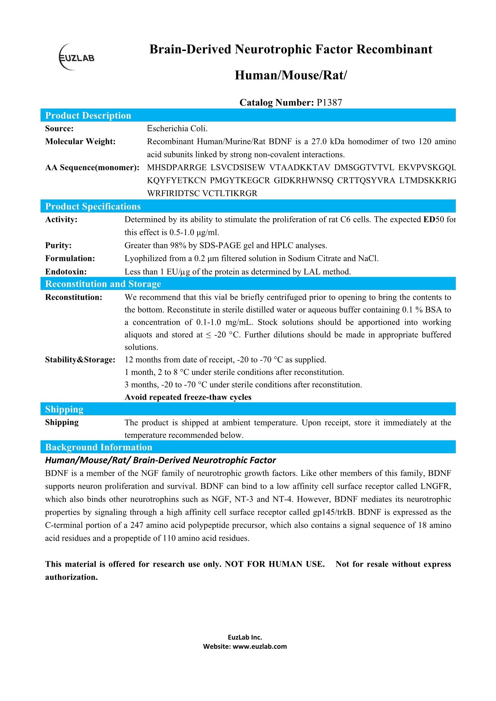 P1387 Recombinant HumanMurineRat BDNF